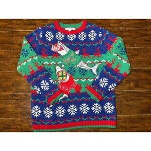 Shark Ugly Holiday Sweater Knit Large Multicolor Christmas Long Sleeve